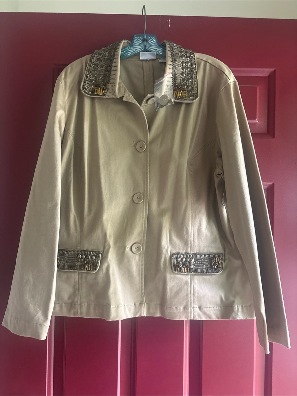 Chico's Khaki Beige Jacket with Embellished Collar and Pocket Trim